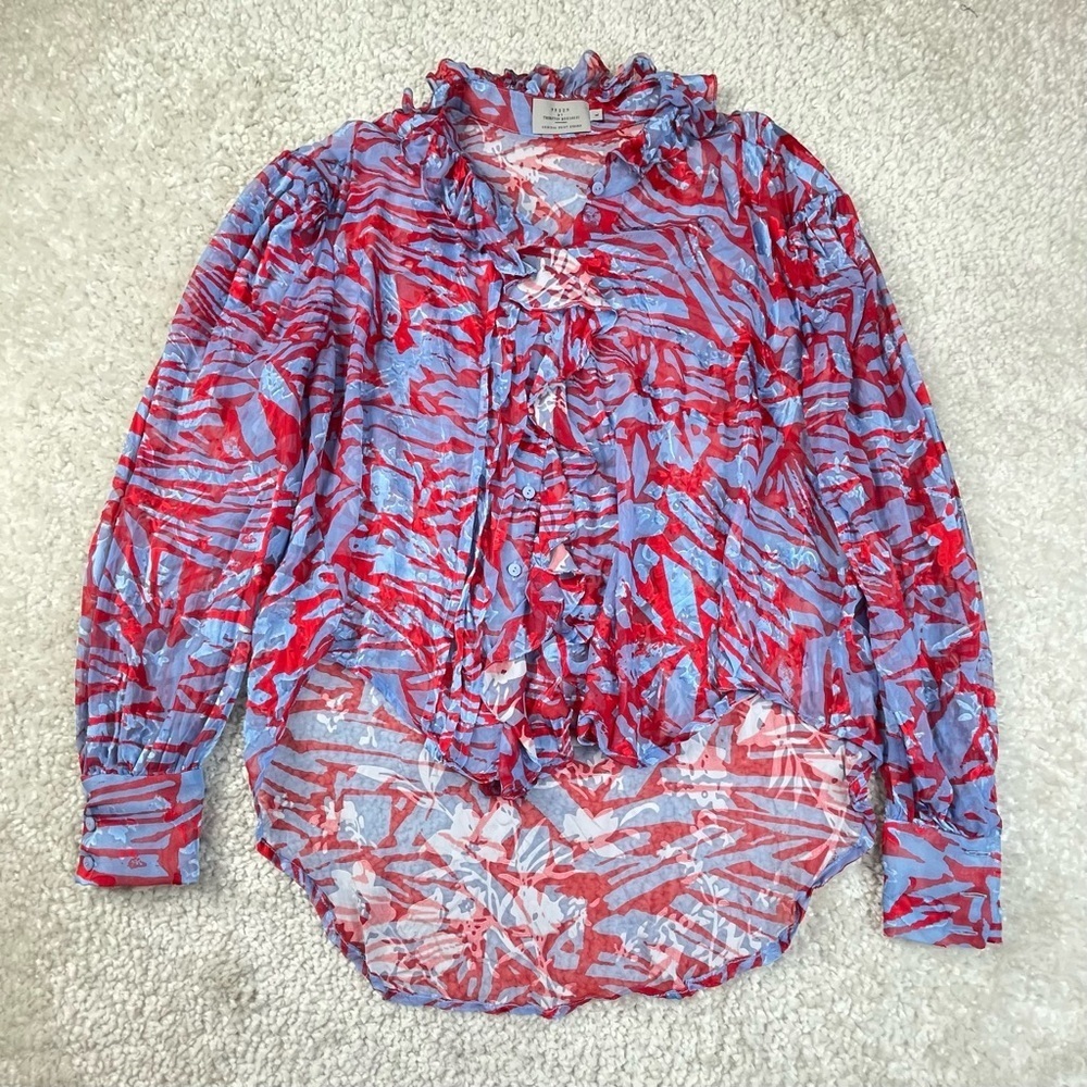 Preen by Thornton Bregazzi Burnout Blouse Ruffle Sheer Lightweight silk blend L